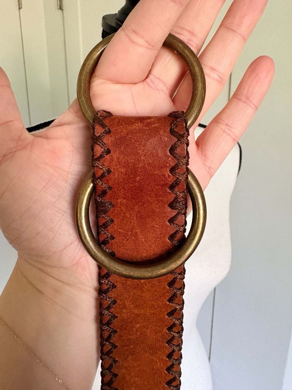 J.Crew Women's S/M Brown Leather Whipstitch Double Ring Belt - Picture 4 of 8